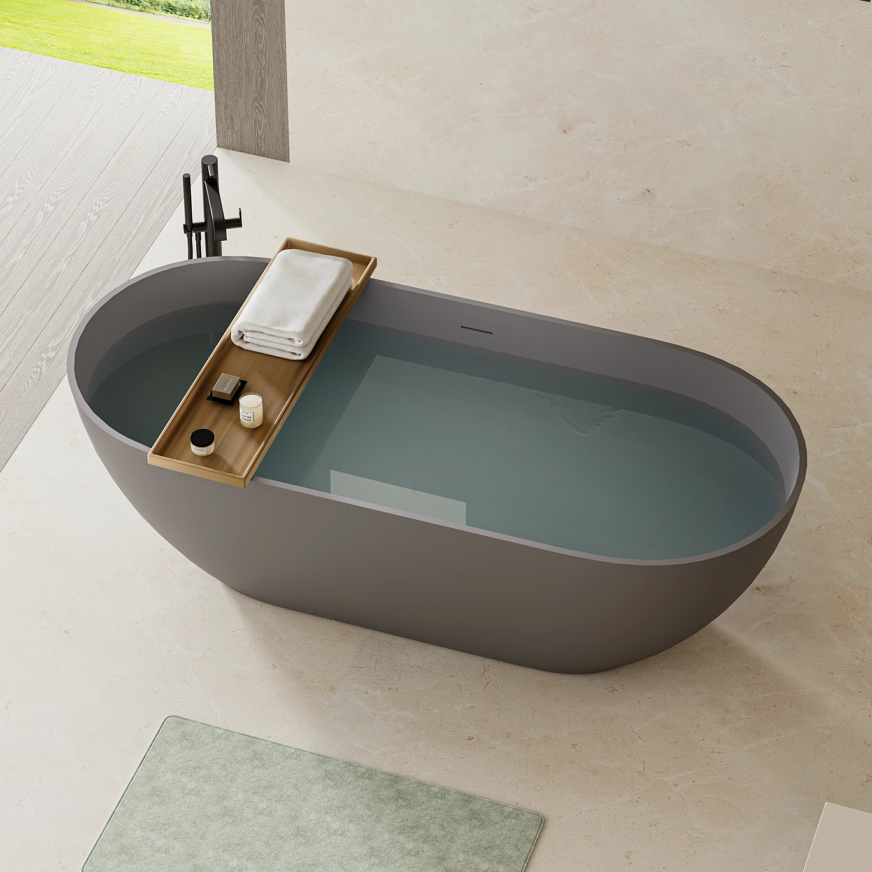 AISU Luxus-Badewanne aus massivem Kunstharz, freistehende Badewanne aus Steinharz mit Überlauf und Pop-up-Abfluss für moderne Badezimmer, Mattgrau