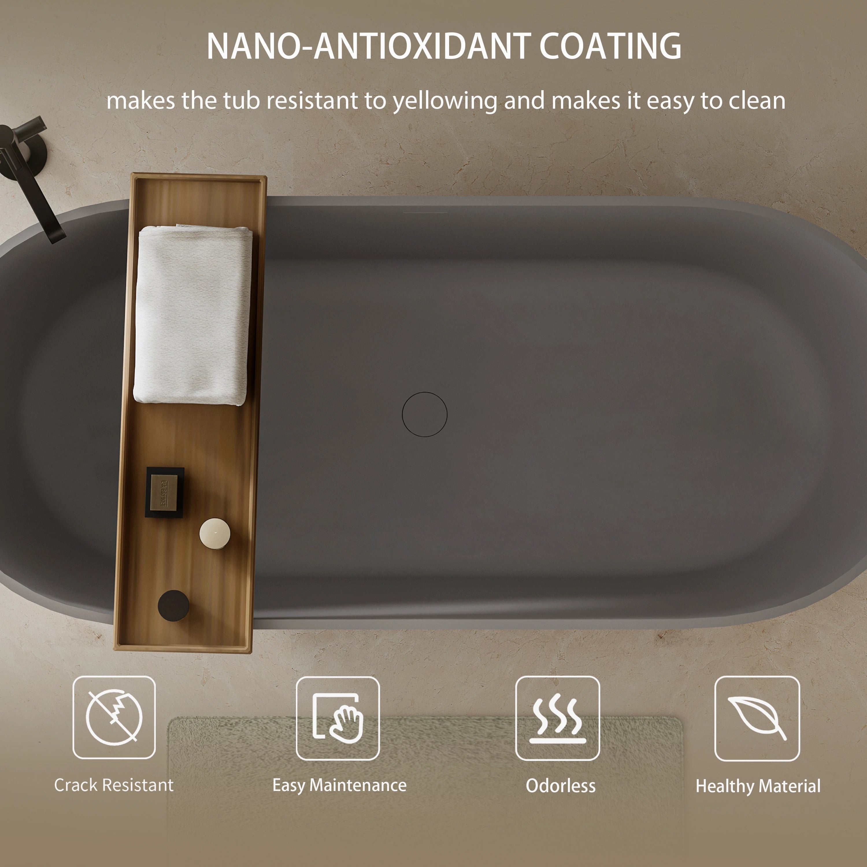 AISU Luxus-Badewanne aus massivem Kunstharz, freistehende Badewanne aus Steinharz mit Überlauf und Pop-up-Abfluss für moderne Badezimmer, Mattgrau