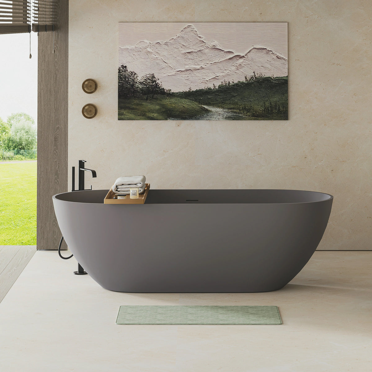 AISU Luxus-Badewanne aus massivem Kunstharz, freistehende Badewanne aus Steinharz mit Überlauf und Pop-up-Abfluss für moderne Badezimmer, Mattgrau