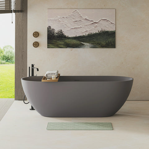 AISU Luxus-Badewanne aus massivem Kunstharz, freistehende Badewanne aus Steinharz mit Überlauf und Pop-up-Abfluss für moderne Badezimmer, Mattgrau