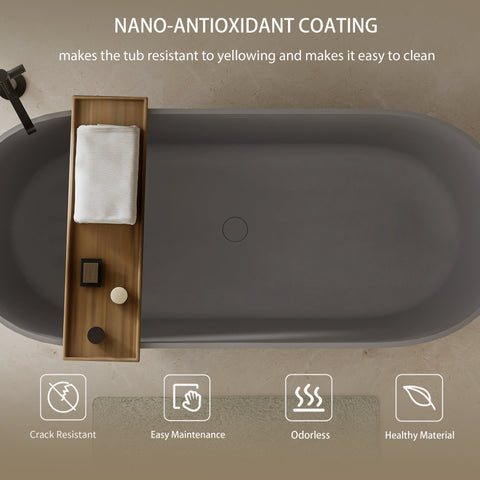 AISU Luxus-Badewanne aus massivem Kunstharz, freistehende Badewanne aus Steinharz mit Überlauf und Pop-up-Abfluss für moderne Badezimmer, Mattgrau