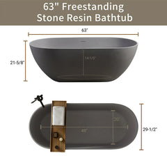 AISU Luxury Engineered Solid Surface Bathtub, Stone Resin Freestanding Soaking Bathtub with Overflow and Pop-up Drain for Contemporary Bathroom, Matte Grey