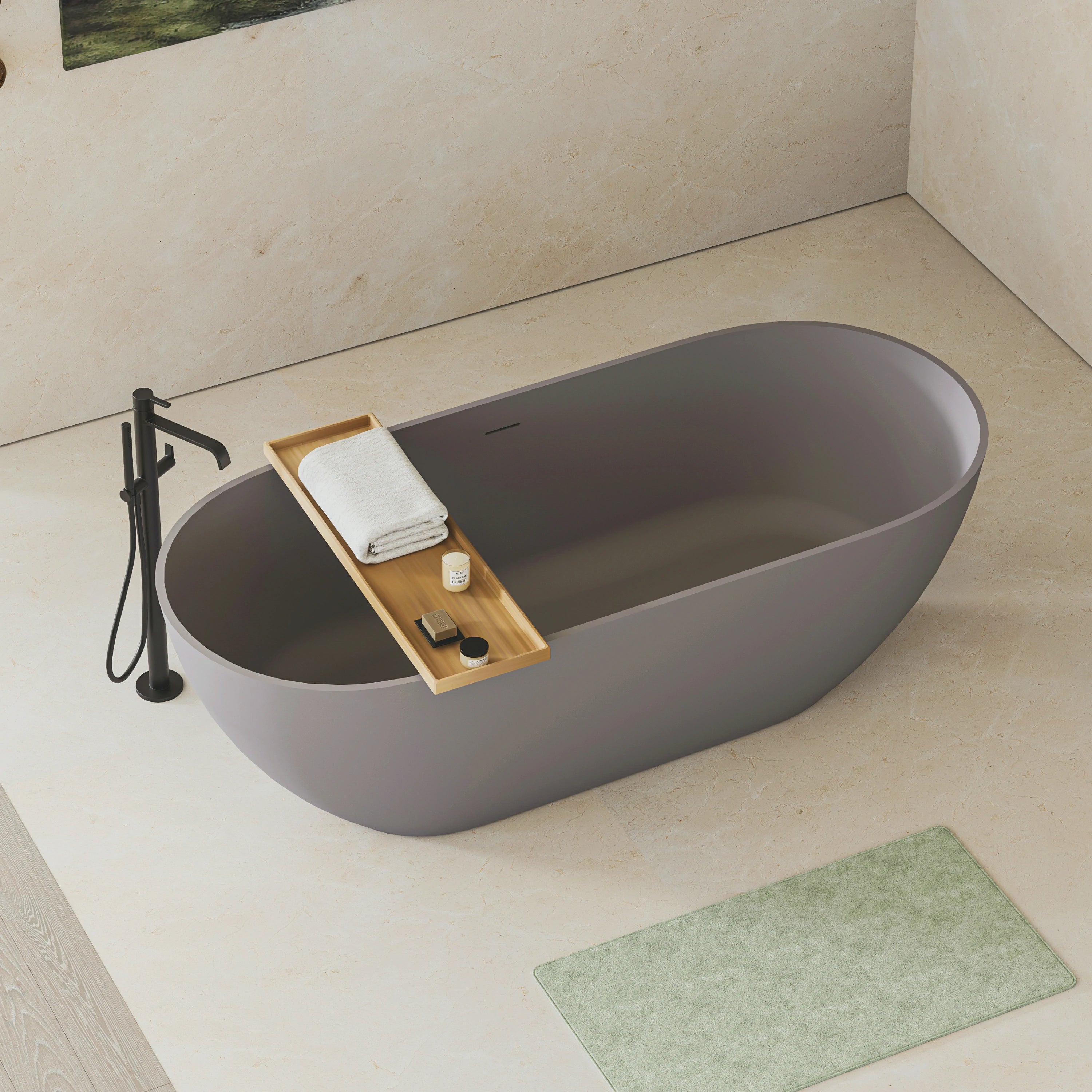 AISU Luxus-Badewanne aus massivem Kunstharz, freistehende Badewanne aus Steinharz mit Überlauf und Pop-up-Abfluss für moderne Badezimmer, Mattgrau