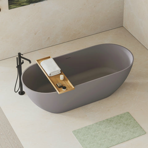 AISU Luxus-Badewanne aus massivem Kunstharz, freistehende Badewanne aus Steinharz mit Überlauf und Pop-up-Abfluss für moderne Badezimmer, Mattgrau