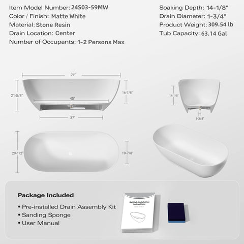 AISU Freistehende Badewanne aus Mineralwerkstoff, luxuriöse freistehende Badewanne aus Kunststeinharz mit Überlauf und Pop-up-Abfluss für moderne Badezimmer, Mattweiß
