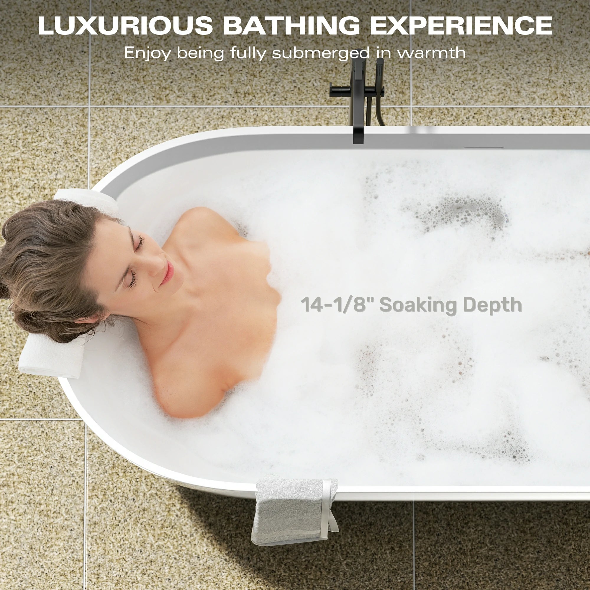 AISU Freistehende Badewanne aus Mineralwerkstoff, luxuriöse freistehende Badewanne aus Kunststeinharz mit Überlauf und Pop-up-Abfluss für moderne Badezimmer, Mattweiß