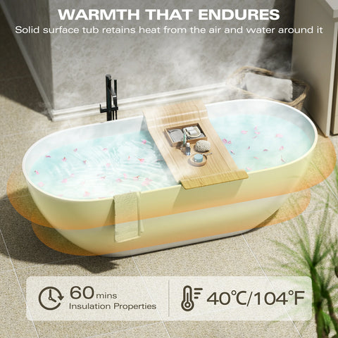 AISU Freistehende Badewanne aus Mineralwerkstoff, luxuriöse freistehende Badewanne aus Kunststeinharz mit Überlauf und Pop-up-Abfluss für moderne Badezimmer, Mattweiß