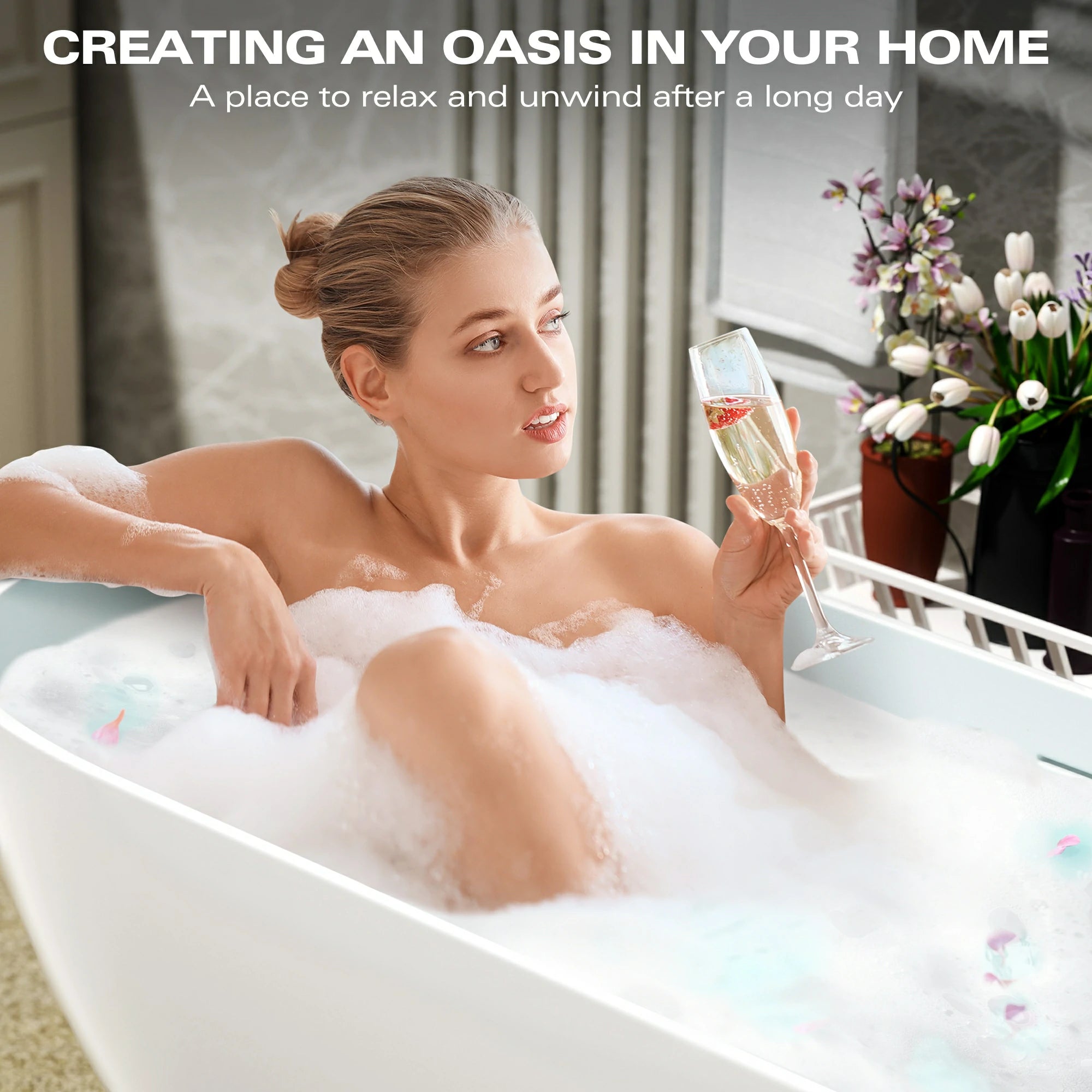 AISU Freistehende Badewanne aus Mineralwerkstoff, luxuriöse freistehende Badewanne aus Kunststeinharz mit Überlauf und Pop-up-Abfluss für moderne Badezimmer, Mattweiß