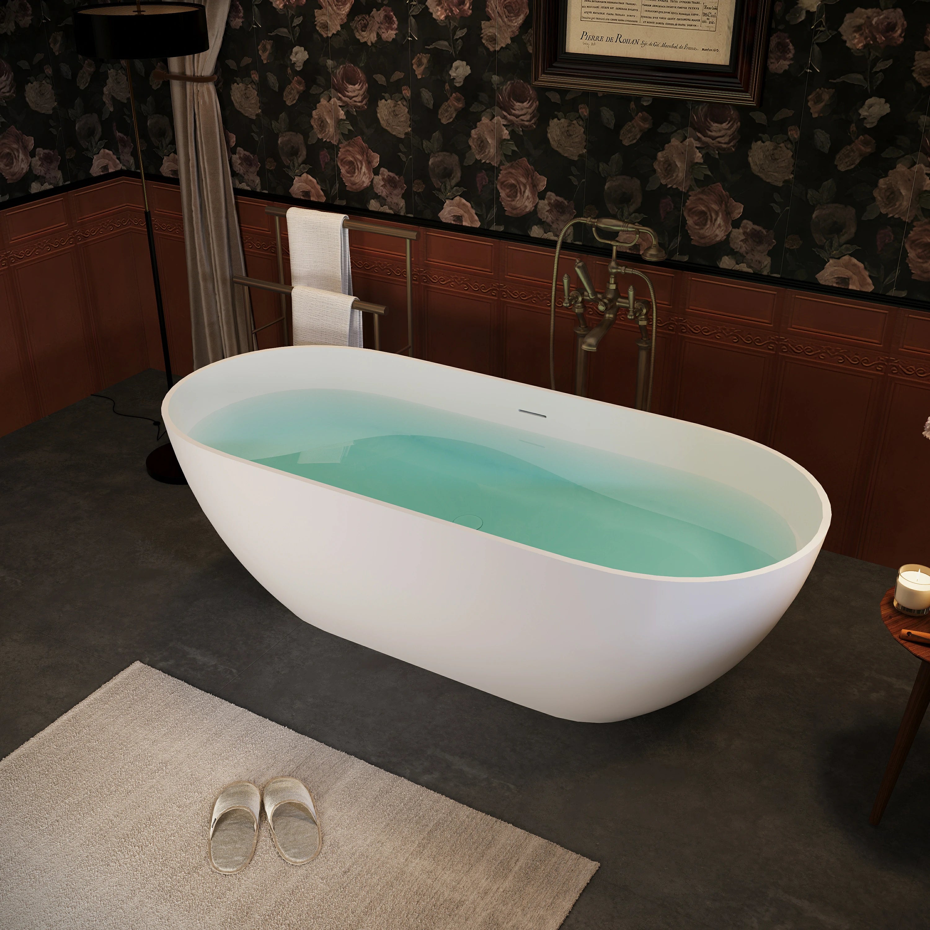 AISU Freistehende Badewanne aus Mineralwerkstoff, luxuriöse freistehende Badewanne aus Kunststeinharz mit Überlauf und Pop-up-Abfluss für moderne Badezimmer, Mattweiß