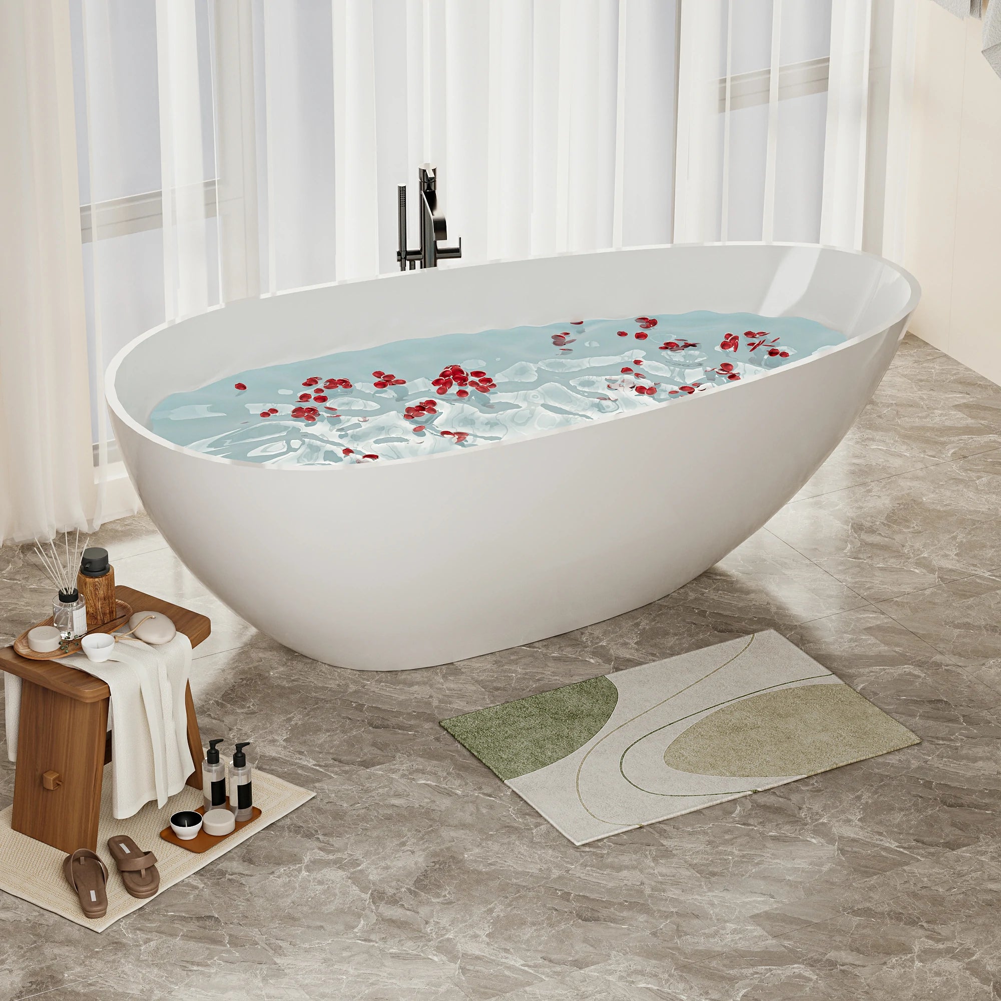 AISU 59" freistehende Badewanne aus massivem Material, luxuriöse, handgefertigte freistehende Badewanne aus Steinharz mit Überlauf und Pop-up-Abfluss, glänzendes Weiß