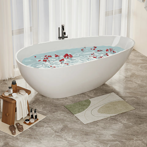 AISU 59" freistehende Badewanne aus massivem Material, luxuriöse, handgefertigte freistehende Badewanne aus Steinharz mit Überlauf und Pop-up-Abfluss, glänzendes Weiß