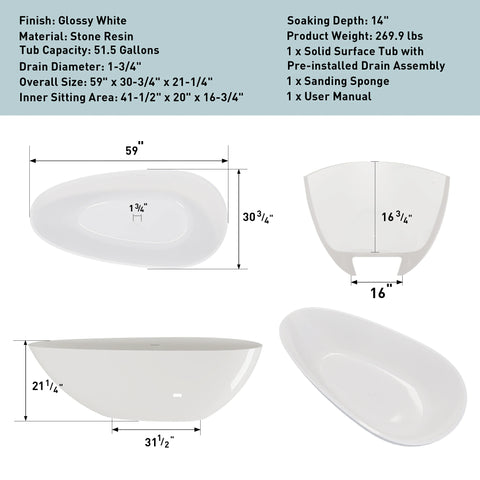 AISU 59" freistehende Badewanne aus massivem Material, luxuriöse, handgefertigte freistehende Badewanne aus Steinharz mit Überlauf und Pop-up-Abfluss, glänzendes Weiß