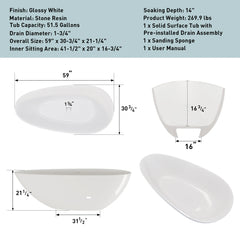 AISU 59" Freestanding Solid Surface Bathtub, Luxury Handcrafted Stone Resin Freestanding Soaking Bathtub with Overflow and Pop-up Drain, Glossy White