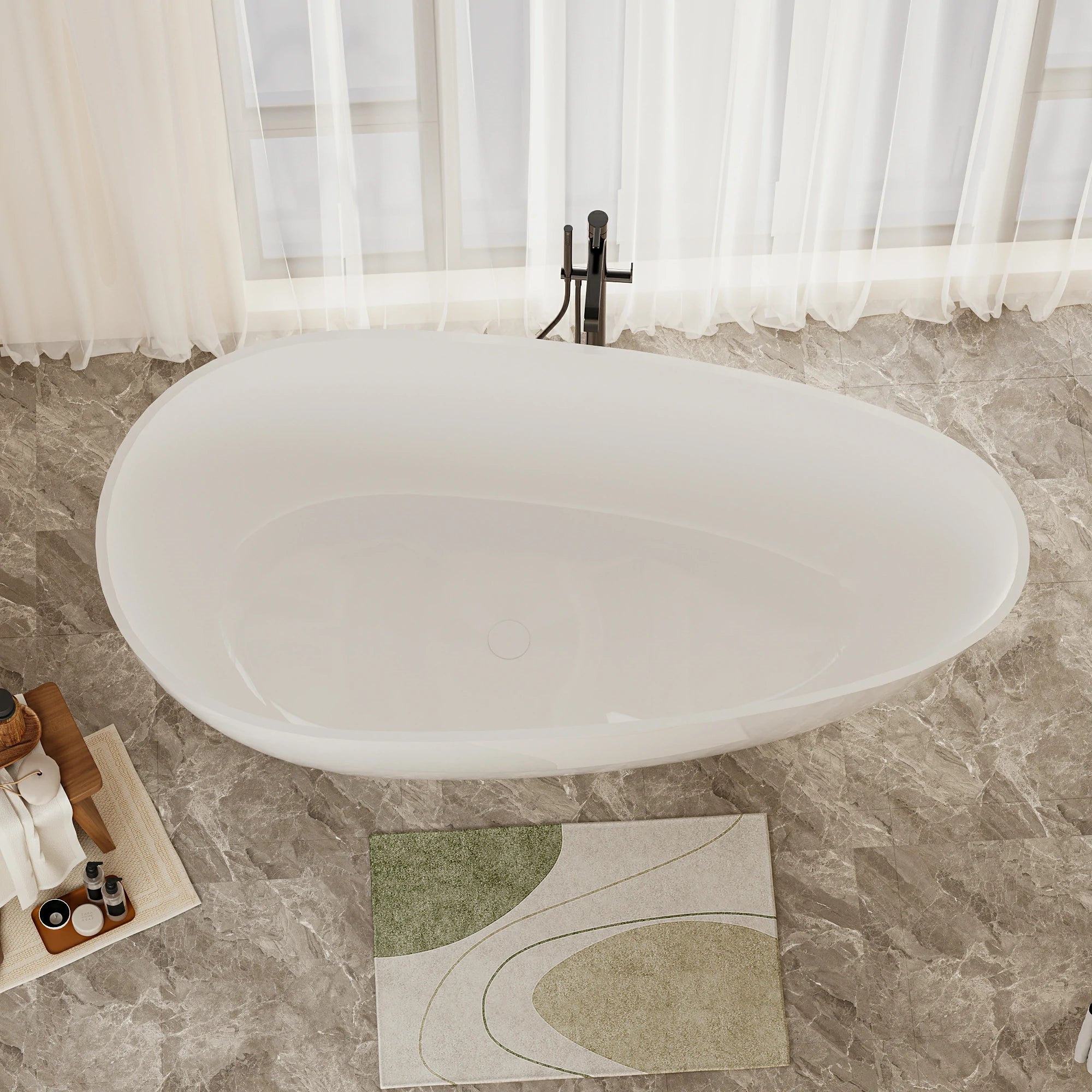 AISU 59" freistehende Badewanne aus massivem Material, luxuriöse, handgefertigte freistehende Badewanne aus Steinharz mit Überlauf und Pop-up-Abfluss, glänzendes Weiß