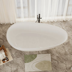 AISU 59" Freestanding Solid Surface Bathtub, Luxury Handcrafted Stone Resin Freestanding Soaking Bathtub with Overflow and Pop-up Drain, Glossy White