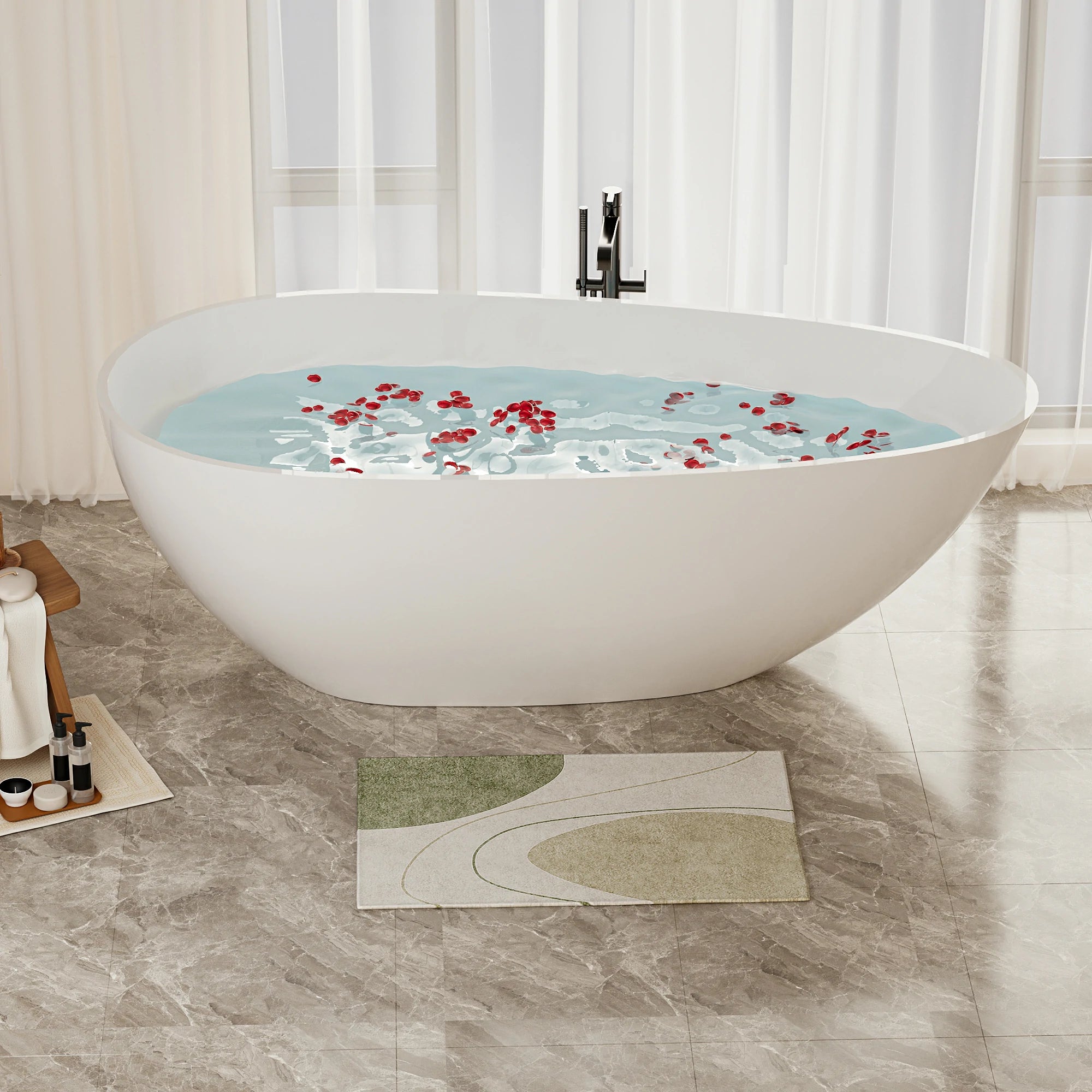 AISU 59" freistehende Badewanne aus massivem Material, luxuriöse, handgefertigte freistehende Badewanne aus Steinharz mit Überlauf und Pop-up-Abfluss, glänzendes Weiß