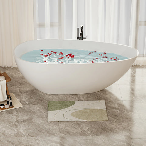 AISU 59" freistehende Badewanne aus massivem Material, luxuriöse, handgefertigte freistehende Badewanne aus Steinharz mit Überlauf und Pop-up-Abfluss, glänzendes Weiß