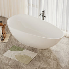 AISU 59" Freestanding Solid Surface Bathtub, Luxury Handcrafted Stone Resin Freestanding Soaking Bathtub with Overflow and Pop-up Drain, Glossy White