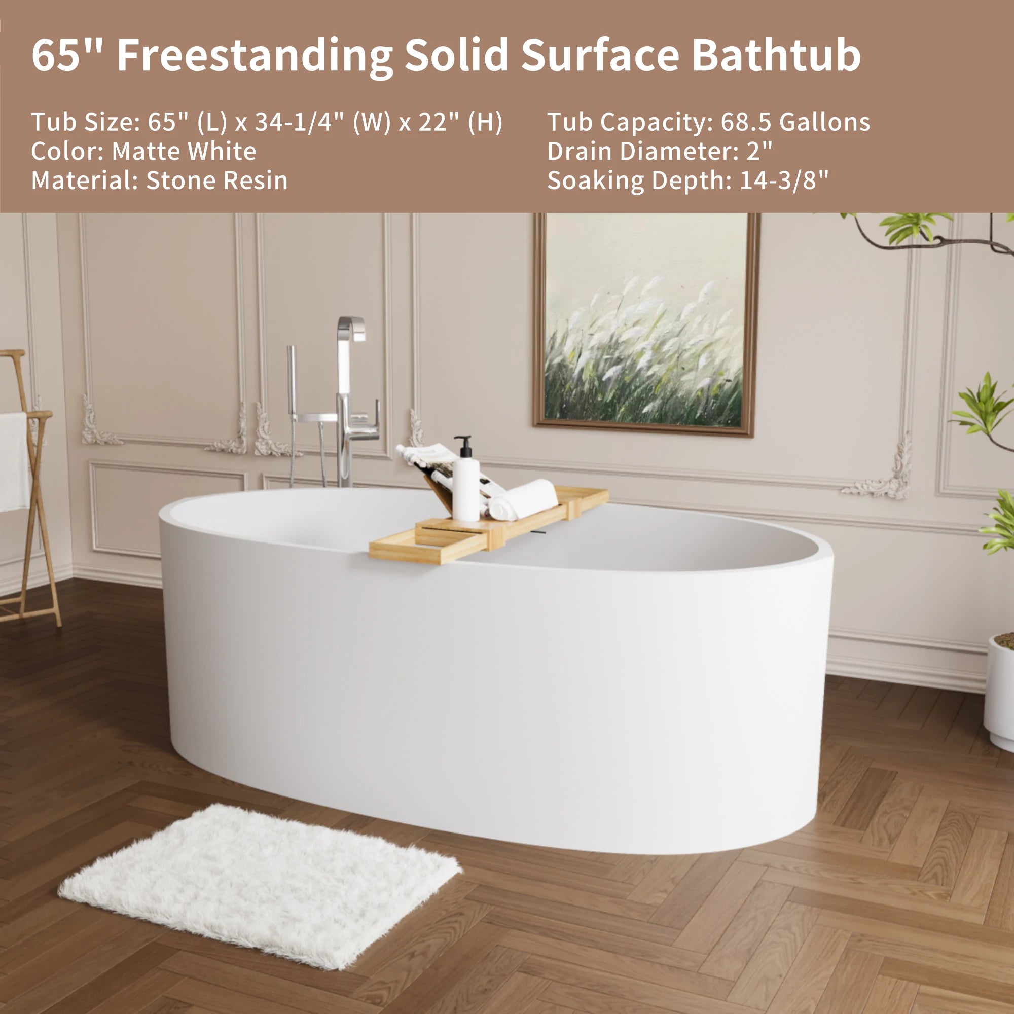 AISU 65" freistehende Badewanne aus massivem Material, freistehende Badewanne aus Steinharz mit Überlauf und Pop-up-Abfluss, Mattweiß
