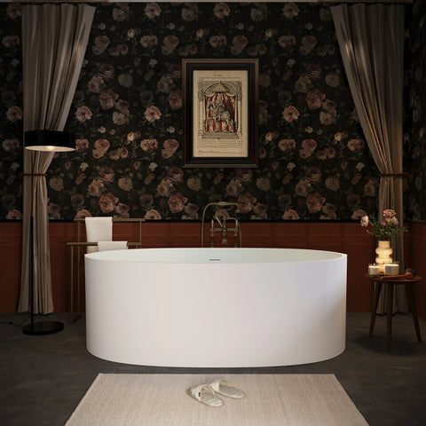 AISU 65" freistehende Badewanne aus massivem Material, freistehende Badewanne aus Steinharz mit Überlauf und Pop-up-Abfluss, Mattweiß