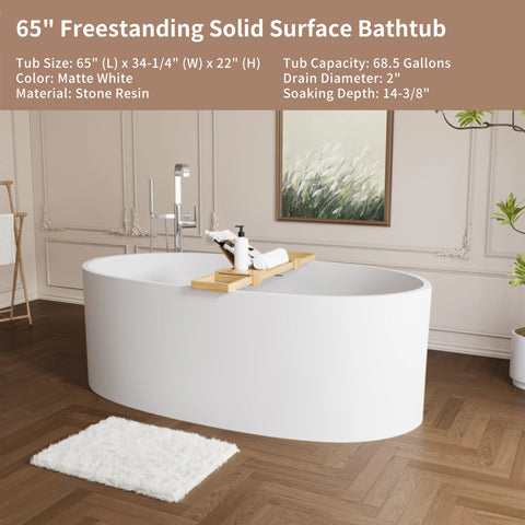 AISU 65" freistehende Badewanne aus massivem Material, freistehende Badewanne aus Steinharz mit Überlauf und Pop-up-Abfluss, Mattweiß