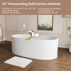 AISU 65" Freestanding Solid Surface Bathtub, Stone Resin Freestanding Bath Tub with Overflow and Pop-up Drain, Matte White