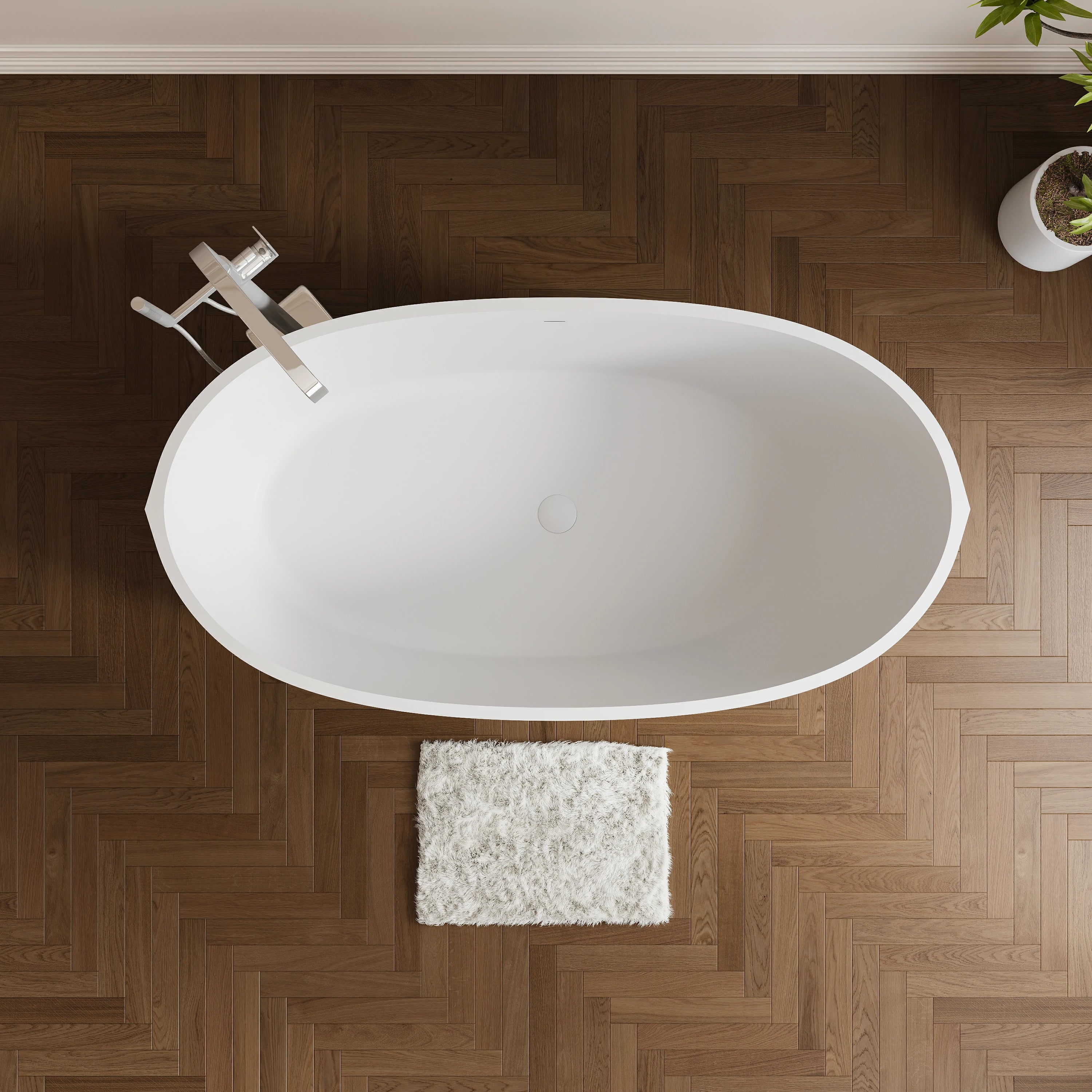 AISU 65" freistehende Badewanne aus massivem Material, freistehende Badewanne aus Steinharz mit Überlauf und Pop-up-Abfluss, Mattweiß