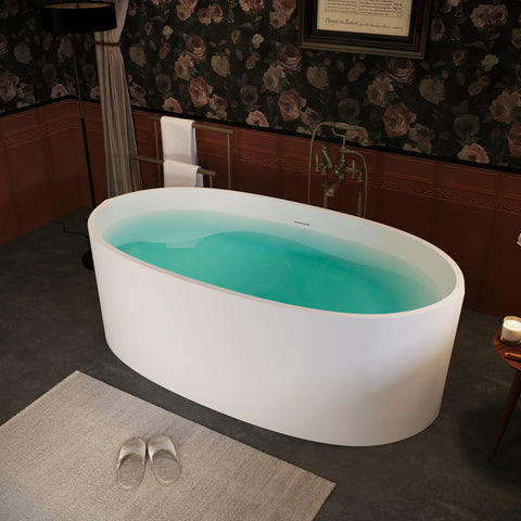 AISU 65" freistehende Badewanne aus massivem Material, freistehende Badewanne aus Steinharz mit Überlauf und Pop-up-Abfluss, Mattweiß