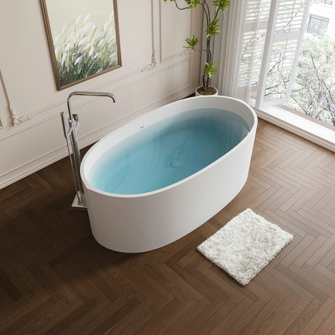 AISU 65" freistehende Badewanne aus massivem Material, freistehende Badewanne aus Steinharz mit Überlauf und Pop-up-Abfluss, Mattweiß
