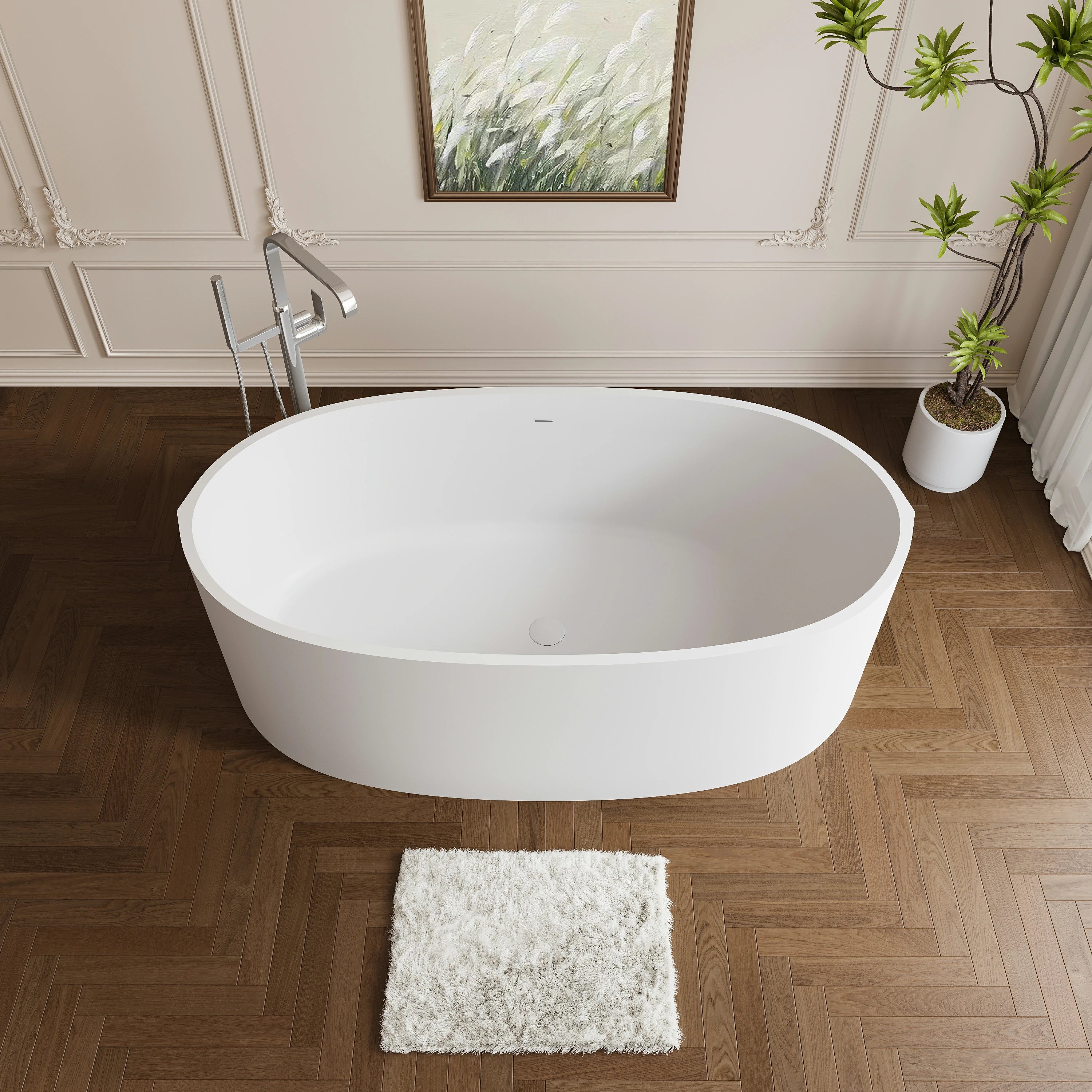 AISU 65" freistehende Badewanne aus massivem Material, freistehende Badewanne aus Steinharz mit Überlauf und Pop-up-Abfluss, Mattweiß