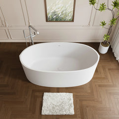 AISU 65" Freestanding Solid Surface Bathtub, Stone Resin Freestanding Bath Tub with Overflow and Pop-up Drain, Matte White