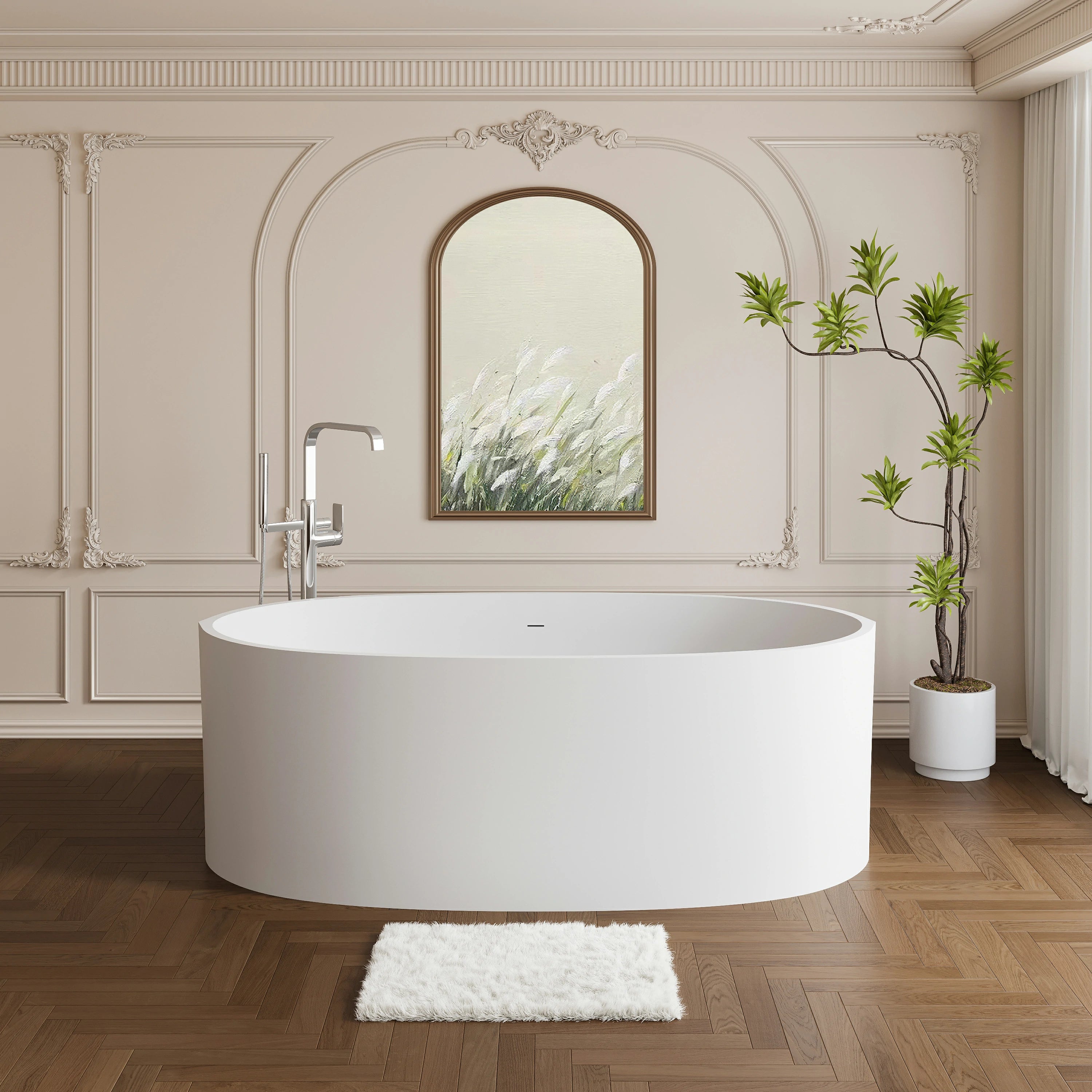 AISU 65" freistehende Badewanne aus massivem Material, freistehende Badewanne aus Steinharz mit Überlauf und Pop-up-Abfluss, Mattweiß
