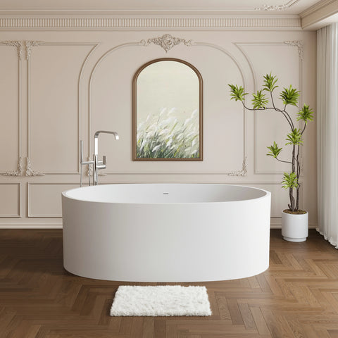 AISU 65" freistehende Badewanne aus massivem Material, freistehende Badewanne aus Steinharz mit Überlauf und Pop-up-Abfluss, Mattweiß