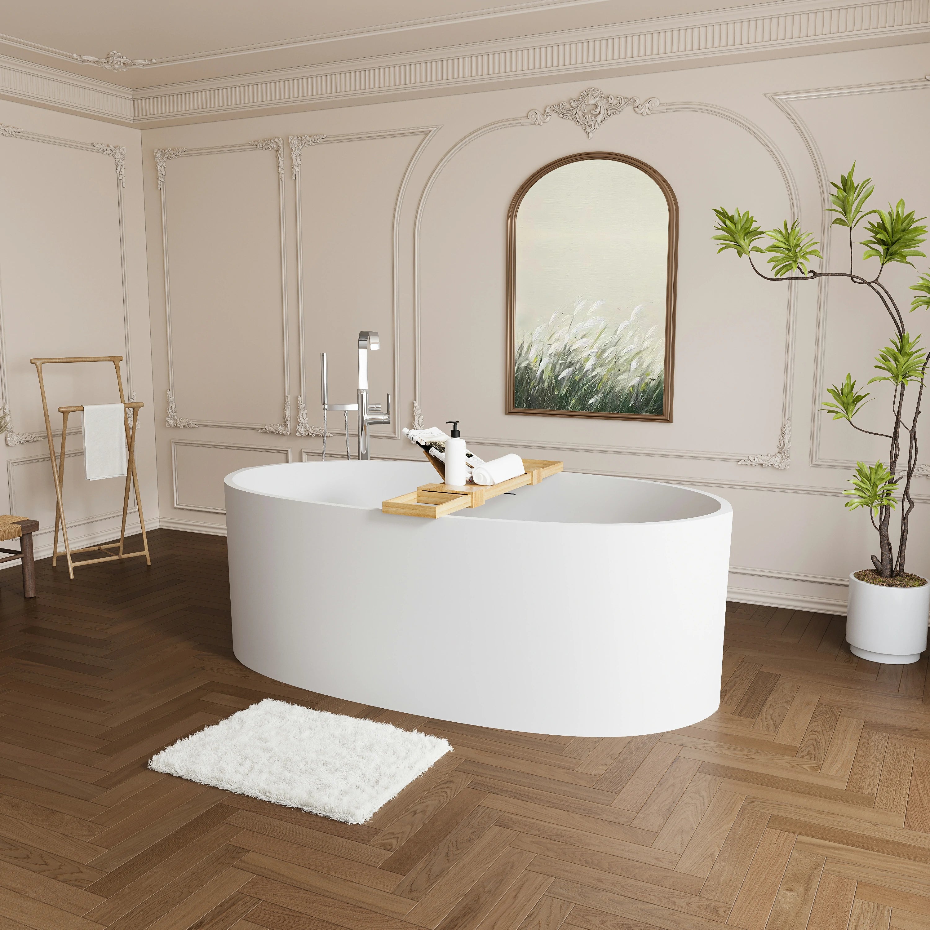 AISU 65" freistehende Badewanne aus massivem Material, freistehende Badewanne aus Steinharz mit Überlauf und Pop-up-Abfluss, Mattweiß