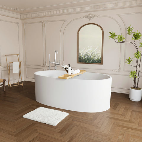 AISU 65" freistehende Badewanne aus massivem Material, freistehende Badewanne aus Steinharz mit Überlauf und Pop-up-Abfluss, Mattweiß