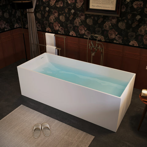 AISU 67" freistehende Badewanne aus massivem Material, freistehende Badewanne aus Steinharz mit Überlauf und Pop-up-Abfluss, Mattweiß