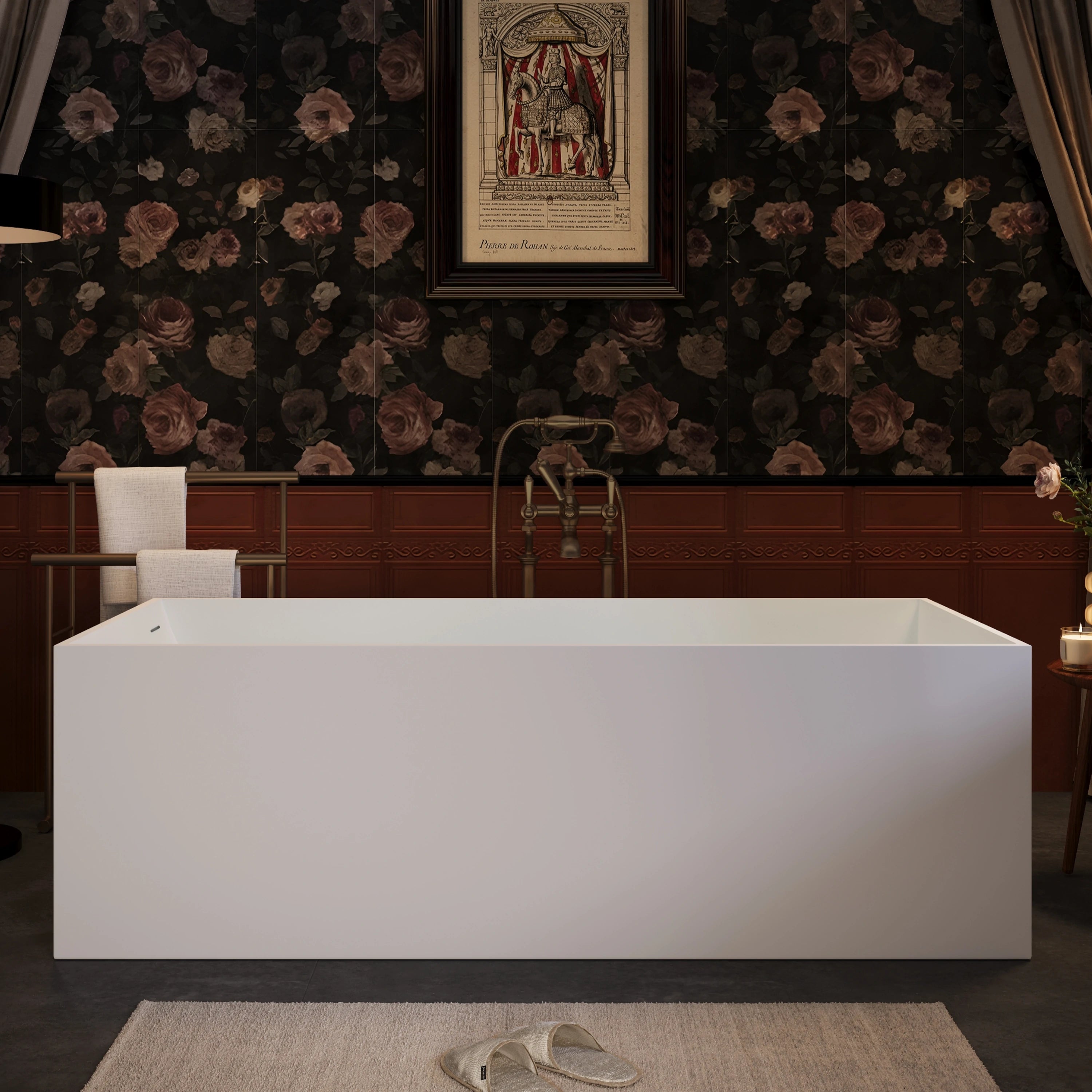 AISU 67" freistehende Badewanne aus massivem Material, freistehende Badewanne aus Steinharz mit Überlauf und Pop-up-Abfluss, Mattweiß