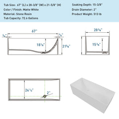 AISU 67" Freestanding Solid Surface Bathtub, Stone Resin Freestanding Bath Tub with Overflow and Pop-up Drain, Matte White