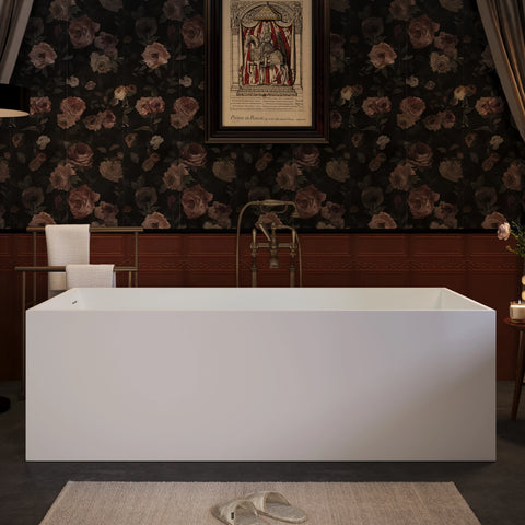 AISU 67" freistehende Badewanne aus massivem Material, freistehende Badewanne aus Steinharz mit Überlauf und Pop-up-Abfluss, Mattweiß