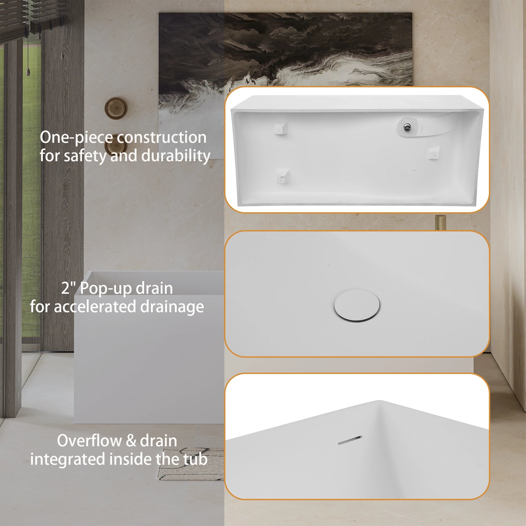 AISU 67" freistehende Badewanne aus massivem Material, freistehende Badewanne aus Steinharz mit Überlauf und Pop-up-Abfluss, Mattweiß