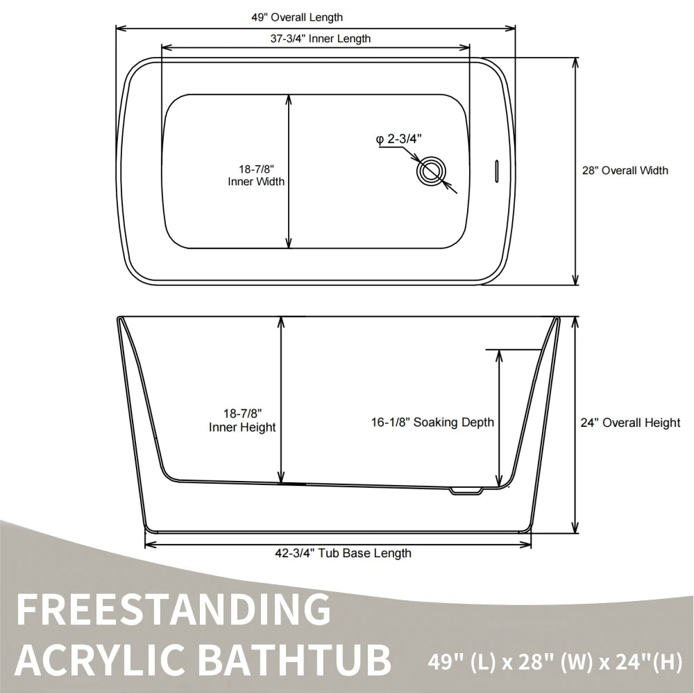 AISU 49'' freistehende Badewanne aus Acryl, quadratischer japanischer Whirlpool, Chrom-Überlauf und Schnellablauf