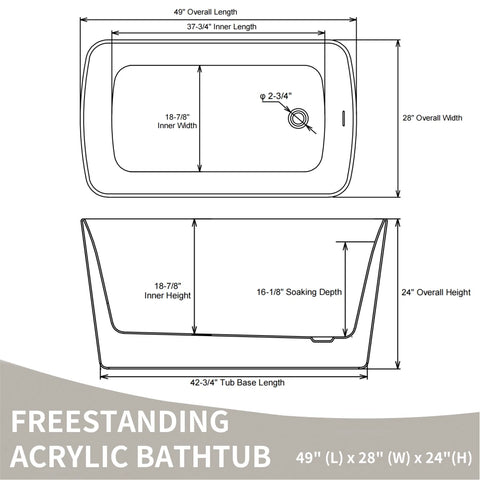 AISU 49'' freistehende Badewanne aus Acryl, quadratischer japanischer Whirlpool, Chrom-Überlauf und Schnellablauf