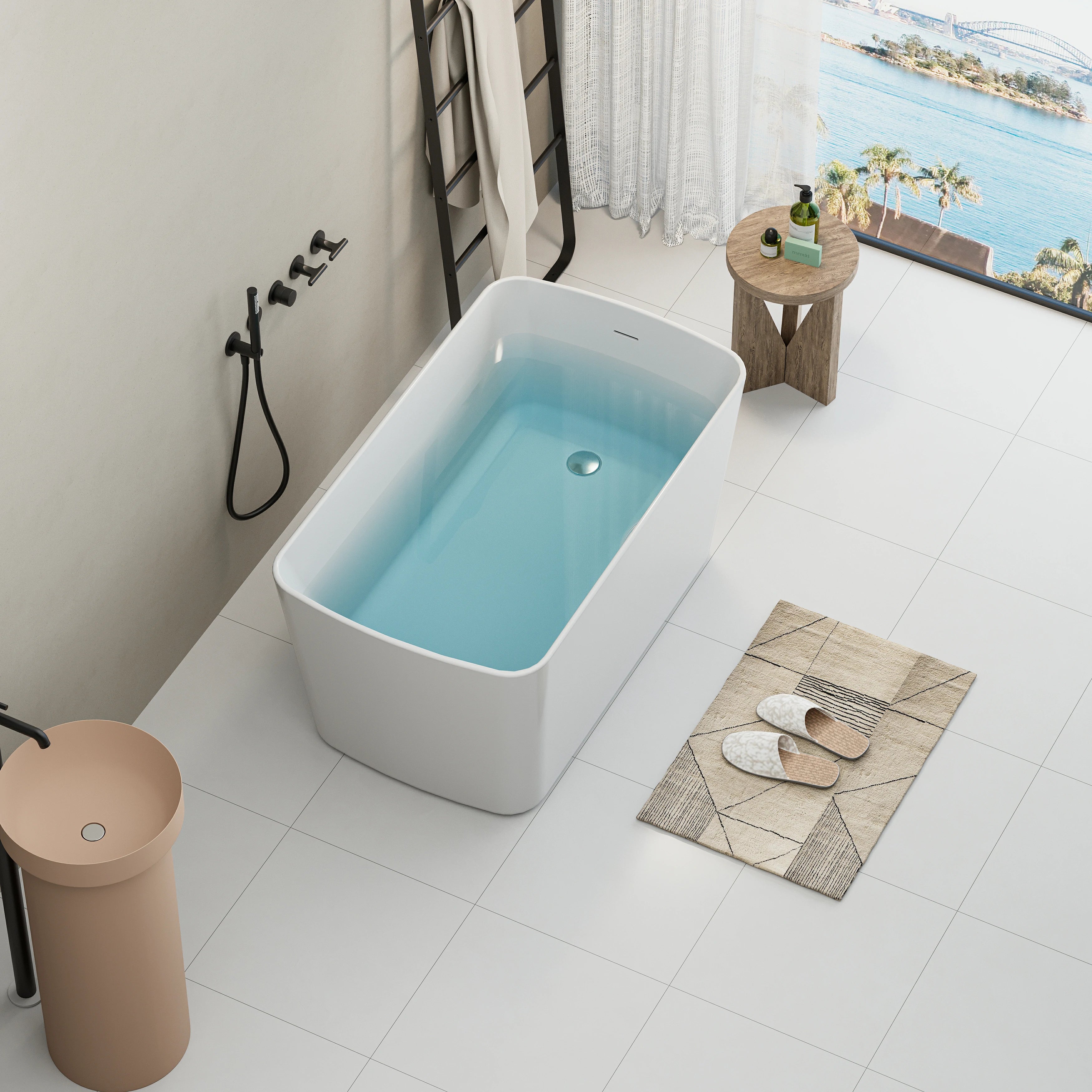 AISU 49'' freistehende Badewanne aus Acryl, quadratischer japanischer Whirlpool, Chrom-Überlauf und Schnellablauf