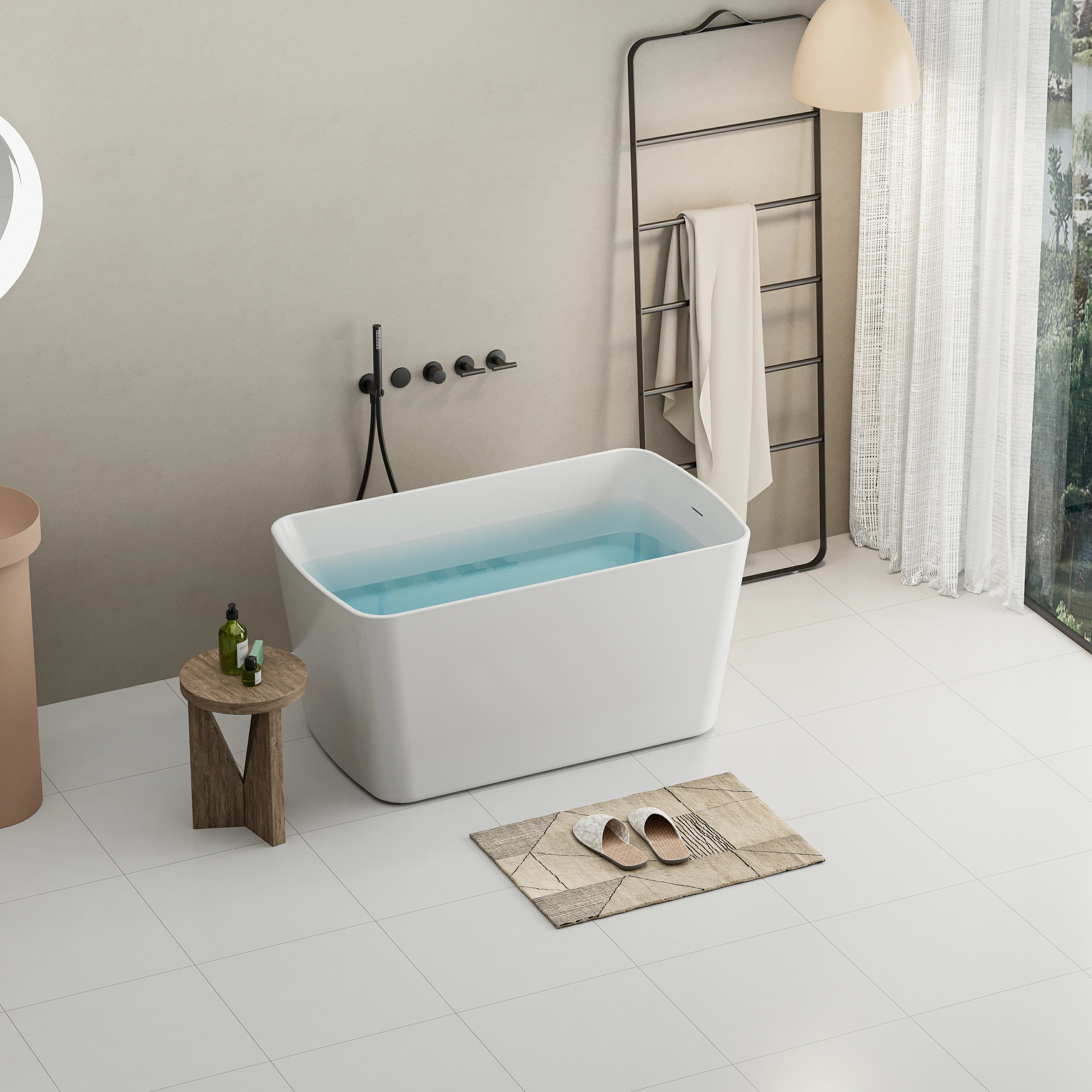AISU 49'' freistehende Badewanne aus Acryl, quadratischer japanischer Whirlpool, Chrom-Überlauf und Schnellablauf