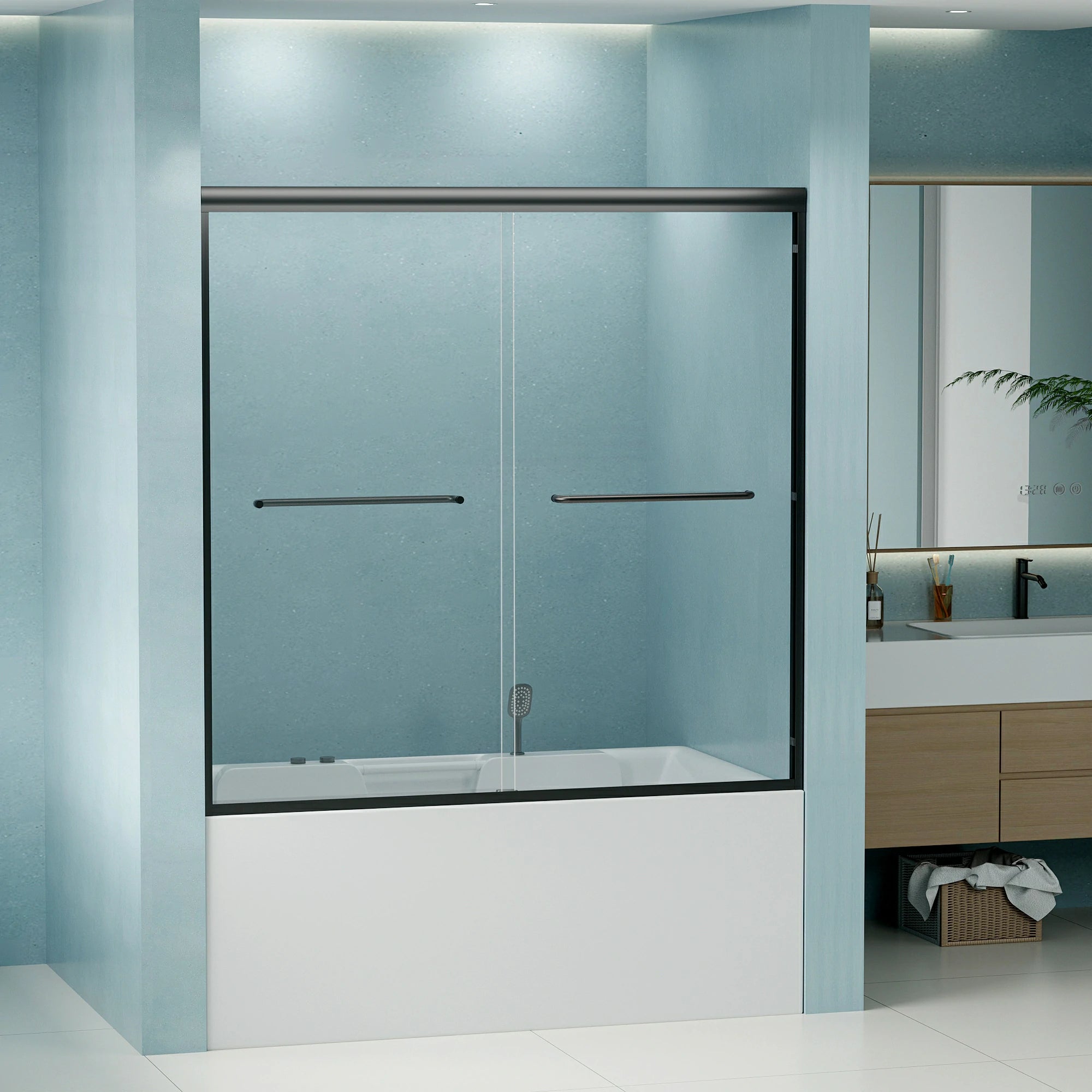 AISU 56"-60" B x 58" H Doppel-Schiebetür für Badewanne und Dusche, halbrahmenlose Bypass-Badewannentür, 1/4" (6 mm) gehärtetes Glas mit explosionsgeschützter Folie, verstellbarer Rahmen aus Aluminiumlegierung, Mattschwarz