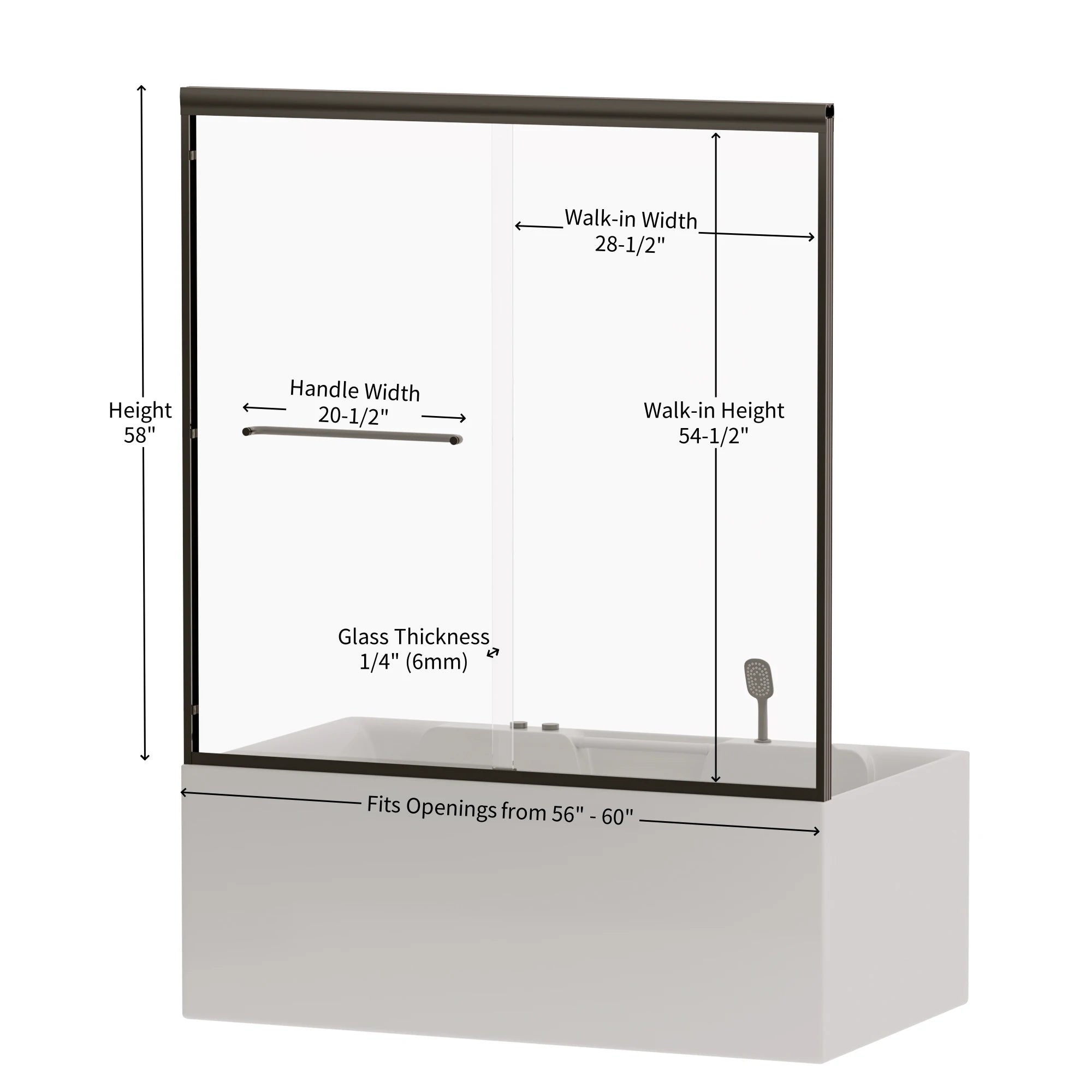 AISU 56"-60" B x 58" H Doppel-Schiebetür für Badewanne und Dusche, halbrahmenlose Bypass-Badewannentür, 1/4" (6 mm) gehärtetes Glas mit explosionsgeschützter Folie, verstellbarer Rahmen aus Aluminiumlegierung, Mattschwarz