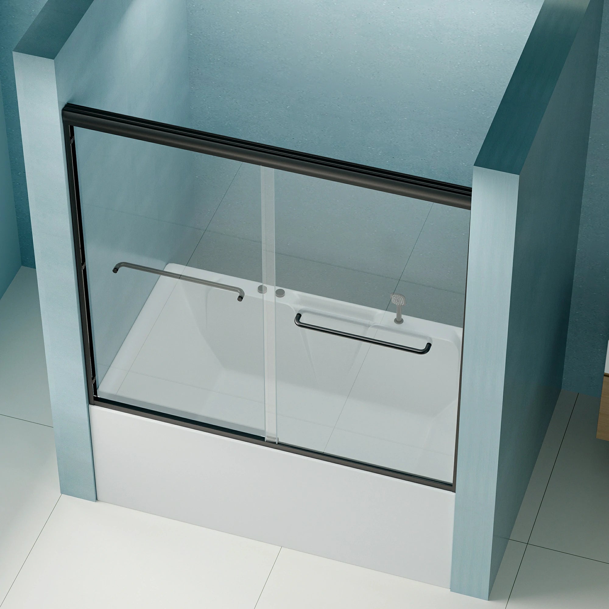 AISU 56"-60" B x 58" H Doppel-Schiebetür für Badewanne und Dusche, halbrahmenlose Bypass-Badewannentür, 1/4" (6 mm) gehärtetes Glas mit explosionsgeschützter Folie, verstellbarer Rahmen aus Aluminiumlegierung, Mattschwarz
