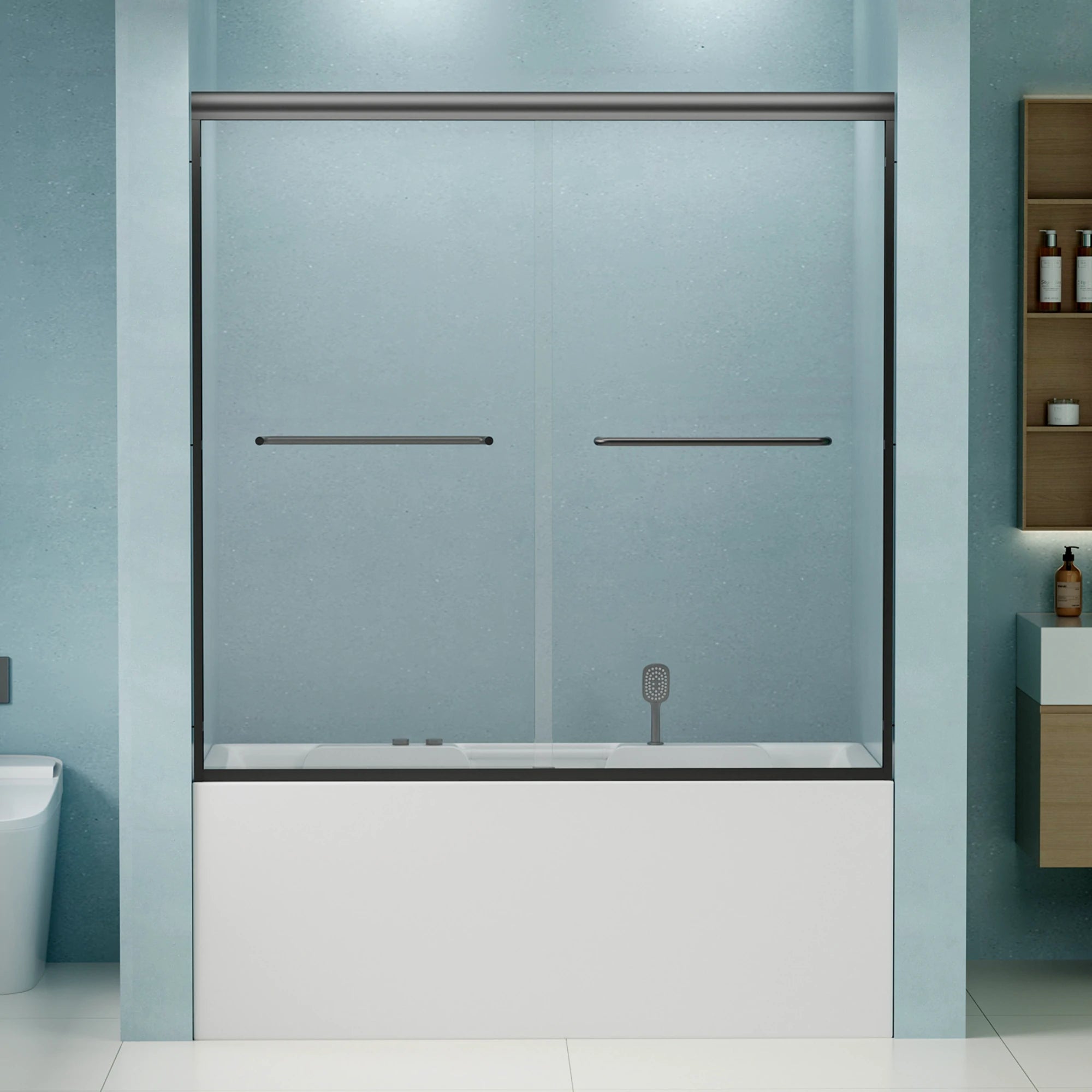 AISU 56"-60" B x 58" H Doppel-Schiebetür für Badewanne und Dusche, halbrahmenlose Bypass-Badewannentür, 1/4" (6 mm) gehärtetes Glas mit explosionsgeschützter Folie, verstellbarer Rahmen aus Aluminiumlegierung, Mattschwarz