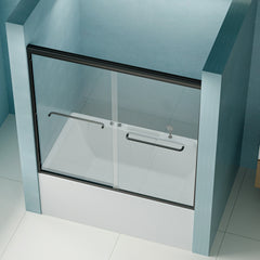 Porte de douche coulissante double AISU 56"-60" L x 58" H, porte de baignoire semi-sans cadre, verre trempé 1/4" (6 mm) avec film antidéflagrant, cadre réglable en alliage d'aluminium, noir mat