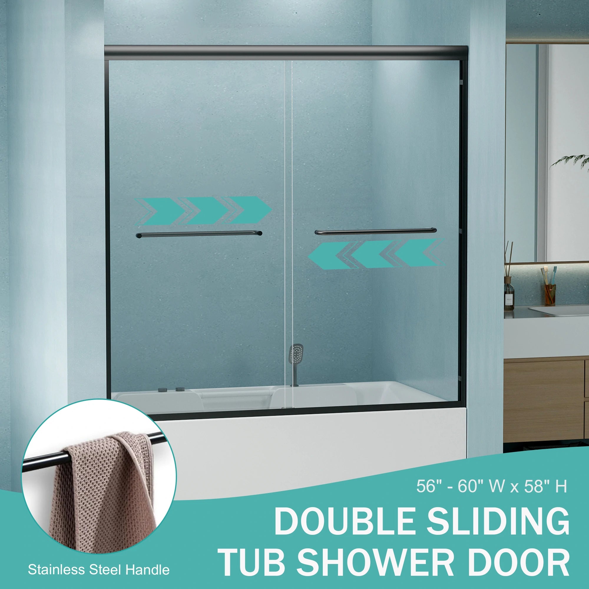 AISU 56"-60" B x 58" H Doppel-Schiebetür für Badewanne und Dusche, halbrahmenlose Bypass-Badewannentür, 1/4" (6 mm) gehärtetes Glas mit explosionsgeschützter Folie, verstellbarer Rahmen aus Aluminiumlegierung, Mattschwarz